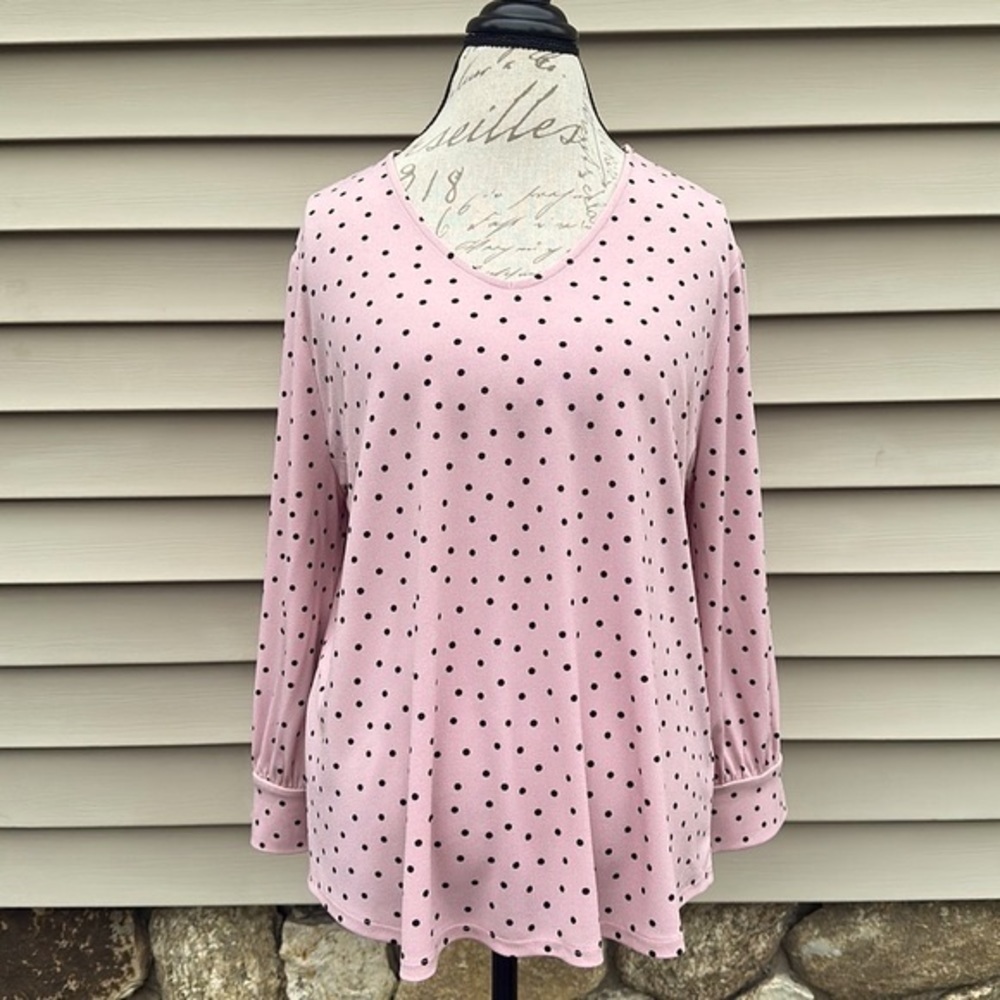 ADRIANNA PAPELL Blush Black Polka Dot V-Neck 3/4 Puff Sleeve Top